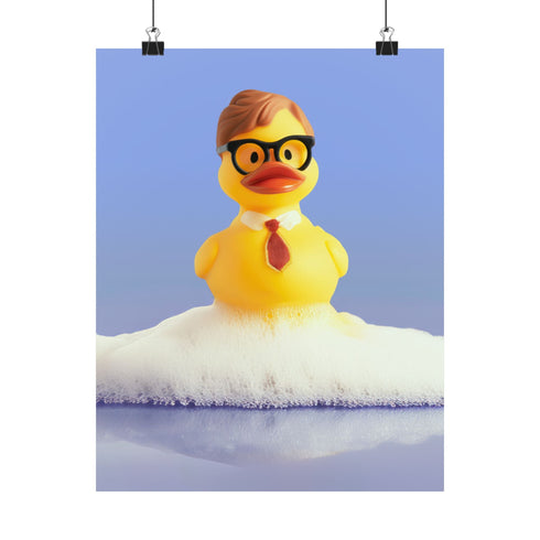 A humorous fine art print of a rubber duck modeled after Dwight Schrute, complete with glasses, mustard tie, and serious expression. Floating in soap suds, the print is framed above a retro bed with bold orange flower wallpaper and bright accent pillows.
