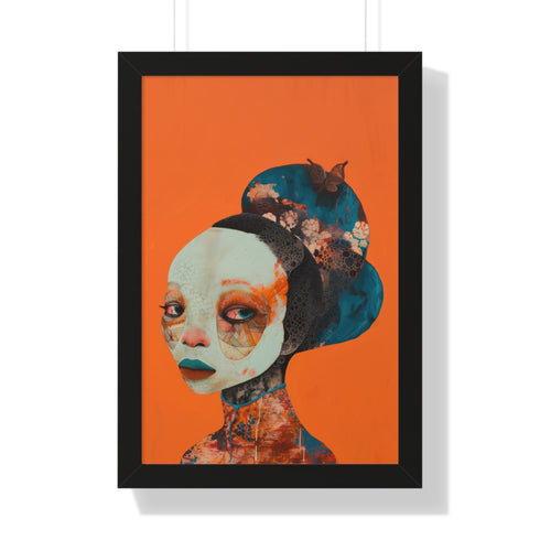 Avant-garde digital portrait of an African woman with striking features against a vivid orange background. An elaborate headdress of dark, floral elements creates a stunning contrast, embodying surrealist themes and African cultural motifs.