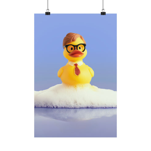 A humorous fine art print of a rubber duck modeled after Dwight Schrute, complete with glasses, mustard tie, and serious expression. Floating in soap suds, the print is framed above a retro bed with bold orange flower wallpaper and bright accent pillows.