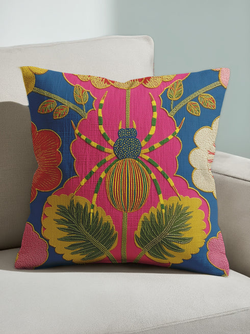 A square maximalist throw pillow with a vibrant, eclectic design. The pillow cover, made of a dark blue linen-feel fabric, features a large, stylized spider at its center. The spider has a striped abdomen in yellow, red, and green, and sits atop a hot pink flower. The design is symmetrical, surrounded by folk art style botanicals, including red, pink, and cream-colored flowers with intricate embroidered-look details. This colorful insect art cushion is a bold accent piece for dopamine decor.
