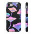 Aesthetic phone case featuring pastel neon mushrooms on a black background. The botanical-inspired design is available for iPhone, Samsung, and Google Pixel models. Glossy or matte finish options with durable, dual-layer protection.