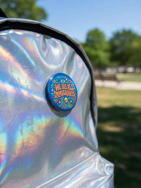 A round 1.75 inch blue pinback button featuring retro psychedelic artwork. The text reads We Are All Immigrants in a groovy orange and red 1970s font style centered on the badge. A mystic third eye sits above the text while a small skull sits below it. Wavy rainbow lines in cyan, green, and orange radiate outward from the center along with small starbursts and lightning bolts. The button has a glossy finish reflecting light.