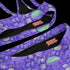 Bralette-style bikini top featuring a high neckline and vibrant jellyfish print in iridescent purples, blues, and greens on a lilac background. Made of recycled polyester and LYCRA XTRALIFE, this double-layered swim top includes removable padding, UPF 50+ protection, and is available in sizes XS to 3XL. Great for raves, beach days, and summer festivals.