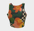 Cropped racerback tank top featuring bold retro floral print with orange and yellow mod flowers, green leaves, black and white checkerboard pattern, and abstract wavy designs. Fitted athletic style crop top in vibrant 70s inspired botanical print with performance fabric construction. Women's festival rave wear cropped camisole with psychedelic flower power design perfect for summer concerts, Y2K fashion looks, and alternative streetwear styling.