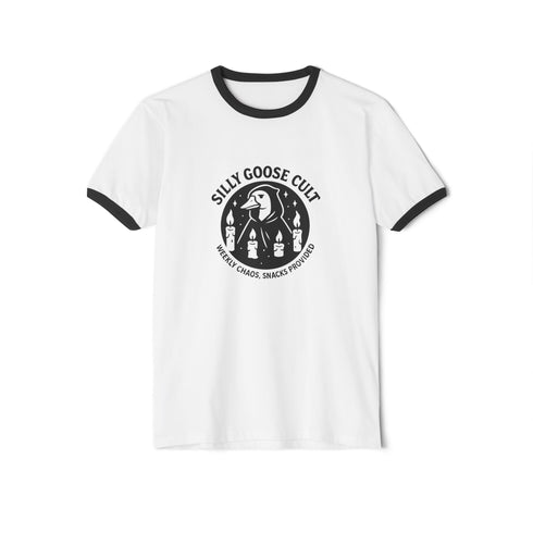 Unisex ringer t-shirt in natural cotton with black ribbed collar and sleeve cuffs. Front features bold black graphic: a cult-style goose surrounded by four candles, with text reading “Silly Goose Cult, Weekly Chaos, Snacks Provided.” Available in sizes S to 3XL. Retro-inspired fit, soft cotton, statement weirdcore design for alternative fashion lovers.