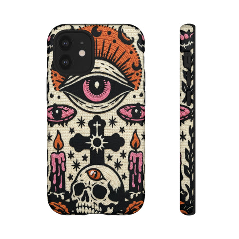 Gothic Faux Crochet Phone Case - Whimsigoth Evil Eye Skull Cover