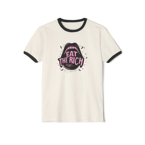 Off-white ringer t-shirt with black contrast trim on the collar and sleeve cuffs. The front features a bold, high-contrast graphic of an open mouth with the phrase "EAT THE RICH" in capital letters, styled in a hand-drawn font. The design is rendered in black and vibrant pink, with expressive line details surrounding the mouth, adding a dynamic, rebellious feel. The t-shirt has a vintage-inspired fit, made from soft cotton fabric with a slightly relaxed silhouette. The black trim enhances the retro aestheti
