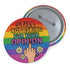 Round glossy pinback button measuring 2.25 inches with a bold rainbow pride flag background. Centered text reads “Still Not Asking For Your Opinion” in black, yellow, blue, and purple letters. Below the text is an illustrated hand with painted red nails giving the middle finger, surrounded by white daisies. The design is printed on tinplate with a scratch- and UV-resistant mylar coating. Button features a strong safety pin backing, perfect for bags, jackets, or pride outfits.