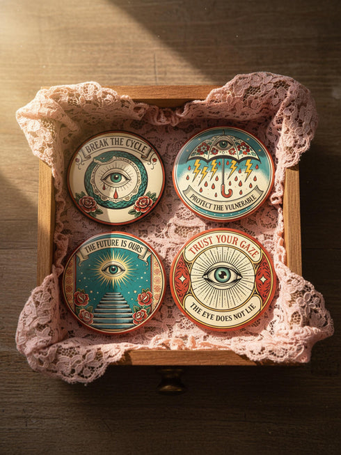 Four 2.25-inch circular metal pinback buttons on a pink textured background. The designs feature vintage tattoo-style art in rust, ochre, gold, and teal with heavy black linework. Designs include a snake Ouroboros "BREAK THE CYCLE," an umbrella eye "PROTECT THE VULNERABLE," a staircase "THE FUTURE IS OURS," and a radial eye "TRUST YOUR GAZE." The pins have a high-gloss finish. Perfect accessory for backpacks, jackets, and lanyards.