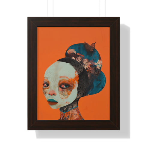 Avant-garde digital portrait of an African woman with striking features against a vivid orange background. An elaborate headdress of dark, floral elements creates a stunning contrast, embodying surrealist themes and African cultural motifs.