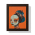 Avant-garde digital portrait of an African woman with striking features against a vivid orange background. An elaborate headdress of dark, floral elements creates a stunning contrast, embodying surrealist themes and African cultural motifs.