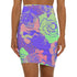 High-waisted bodycon mini skirt with a bold floral collage print in green, purple, and pink. Features comic-style roses and dot patterns on stretchy polyester-spandex fabric. Styled for festivals and summer parties. Available in sizes XS to XL.