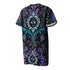 Cotton t-shirt dressA short-sleeve structured t-shirt dress with a black background. The dress features a bold, vertically stacked repeating graphic print. The design includes intricate damask patterns in teal and grey, purple roses with teal leaves, and a central evil eye motif set inside an ornate frame with small four-point stars. The heavyweight fabric holds a clean, straight cut above the knee with zero drape, maintaining a sculptural, slightly boxy silhouette.