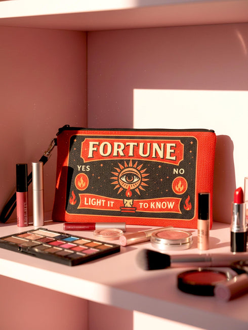 A rectangular red zippered pouch featuring a vintage-style tarot card design. The front displays the word FORTUNE in large beige capital letters. A central illustration shows a mystic eye emitting rays of light above a lit candle flame. The text YES and NO appears on the sides. A banner at the bottom reads LIGHT IT TO KNOW. The bag is crafted from red polyester with a linen-like woven texture, featuring a black zipper and a removable black nylon wrist strap. The interior is white.