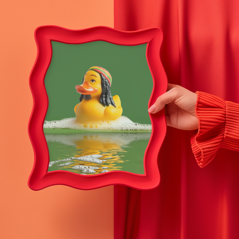 a person holding a picture of a rubber duck in front of a red curtain