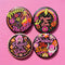 A circular black pinback button featuring the slogan Protect The Dolls in retro script. The design utilizes a high-fidelity trompe-l'œil print style that mimics the texture of raised thread embroidery with satin-stitch detailing. The artwork features vibrant hot pink, rust orange, and golden yellow motifs including drag queens with bouffant hair, 70s style daisies, lightning bolts, and a crescent moon with a face. The surface is smooth and glossy, creating a faux-textured illusion.
