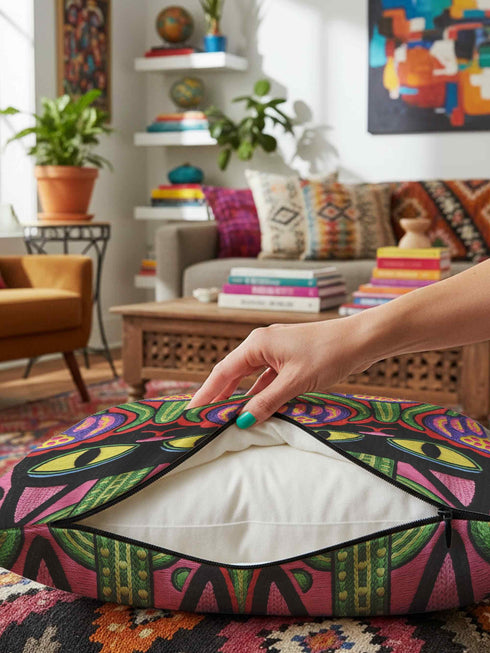 A square decorative pillow cover featuring a vibrant, symmetrical flat printed design that mimics the look of textured embroidery. Two black cats with large yellow eyes and pink noses face forward against a bright red background. Below the cats are large purple and pink flowers with green stems. Above the cats are green cactus shapes. The artwork uses bold, colorful outlines to create an optical illusion of stitching, though the fabric itself is smooth.