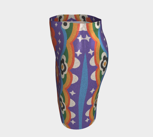 Form-fitting bodycon mini skirt with a mid-rise elastic waistband, falling to mid-thigh in smooth stretch fabric. It features a bold groovy mod floral print: oversized orange flowers with white inner petals and golden yellow centers, black flower accents, and white four-point sparkles, all set on a deep purple background. Rainbow borders in blue, green, orange, and yellow run down each side. The all-over design is a flat dye-sublimated print, available in a smooth knit or glitter knit finish.