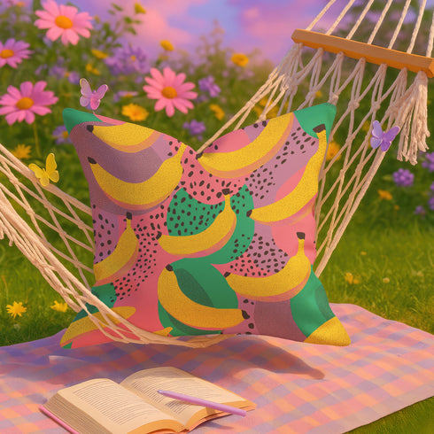 Colorful square pillow cover featuring a bold banana print in yellow, pink, green, purple, and black. The print appears on both sides and is made of luxe polyester with a linen-like texture. Hidden zipper closure. Available in two sizes: 22x22 inches and 18x18 inches. Designed for bright, dopamine-style, maximalist home decor.
