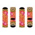 A pair of vibrant crew socks featuring a maximalist 1970s inspired collage pattern. The design includes blocks of hot pink with white daisy flowers and yellow centers, clashing playfully with panels of mustard yellow and orange tiger stripes. Wavy psychedelic lines in grass green and orange frame the top cuff. The socks have a solid black heel and toe cap. The fabric is a smooth, stretchy polyester blend with a flat knit texture and bright colors.