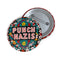 Round pinback metal button with an embroidered-style design on a black background. The center displays the phrase "PUNCH NAZIS" in bold, white stitched-textured lettering with red accents. Surrounding the text is an elaborate folk-inspired floral pattern, densely packed with embroidered-style flowers in shades of red, yellow, blue, pink, and white. The intricate design includes symmetrical lace-like stitching and decorative motifs, creating a rich, tapestry-like effect. The button has a silver metal back wi