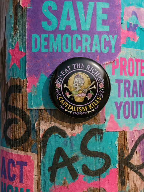 Glossy black pinback button featuring a pastel embroidered-style design of a skeleton queen on a cupcake, surrounded by roses and bones, with the text “Eat the Rich” and “Capitalism Kills.” Displayed on protest props, tea cups, and pastel backgrounds.
