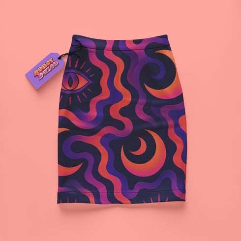 A colorful, abstract skirt with a pattern of swirling lines and shapes in shades of purple, orange, and pink.