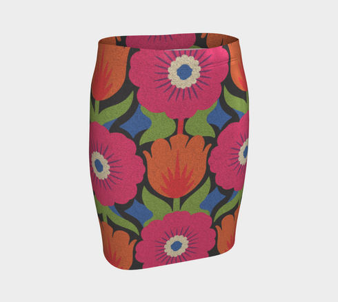 Form-fitting bodycon mini skirt with a mid-rise elastic waistband, falling to mid-thigh in smooth stretch fabric. It features a bold 70s pop art floral print: oversized hot pink flowers with cream scalloped centers, royal blue middles, and fine purple rays, beside a flaming orange tulip, royal blue geometric shapes, and olive green leaves on a black background. The all-over design is a flat dye-sublimated print in vibrant, high-contrast color, available in a smooth knit or glitter knit finish.