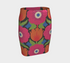 Form-fitting bodycon mini skirt with a mid-rise elastic waistband, falling to mid-thigh in smooth stretch fabric. It features a bold 70s pop art floral print: oversized hot pink flowers with cream scalloped centers, royal blue middles, and fine purple rays, beside a flaming orange tulip, royal blue geometric shapes, and olive green leaves on a black background. The all-over design is a flat dye-sublimated print in vibrant, high-contrast color, available in a smooth knit or glitter knit finish.