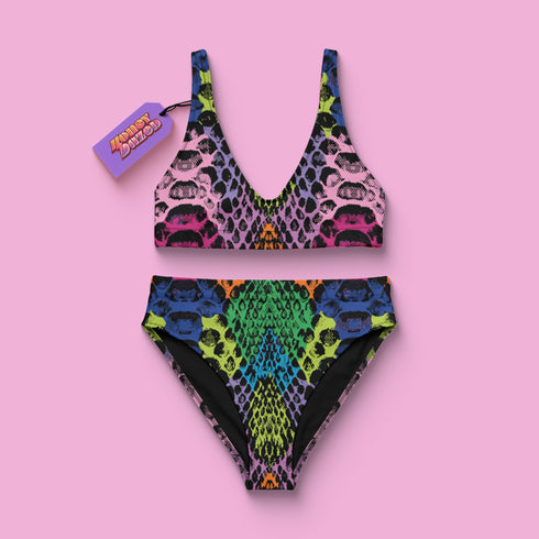 a bathing suit with a colorful pattern on it