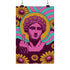 A rectangular wall art print featuring a bright pink classical statue bust centered on a dark burgundy background. The statue is raising a middle finger. Behind the head is a solid golden yellow halo and wavy retro rays in alternating teal and pink. It is surrounded by scattered vintage golden yellow daisy flowers with pink centers. The poster is printed on flat, high quality museum grade matte paper. This is the printed artwork only; a frame is not included. Ready for custom framing.