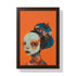 Avant-garde digital portrait of an African woman with striking features against a vivid orange background. An elaborate headdress of dark, floral elements creates a stunning contrast, embodying surrealist themes and African cultural motifs.