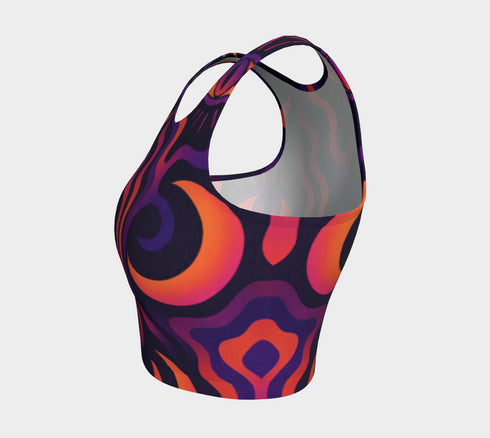 Cropped tank top with psychedelic purple and coral swirling waves pattern featuring mystical third eye designs, racerback style sleeveless womens festival top with body-hugging fit for rave outfits, alternative clothing, y2k aesthetic streetwear, trippy spiritual print crop top for concerts and music festivals, black owned shops bohemian mystical shirt