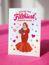 A 5x7 inch pearlescent silver greeting card featuring a flat vector illustration of the drag queen Divine in a red mermaid gown holding a heart-shaped box of chocolates. The text above reads "You're The Filthiest Person Alive" in bold red script with pink sparkles. The card has a shimmering finish that reflects light. Inside text reads "...and I love it." The back features the Honey Dazed logo. Includes a matching envelope.