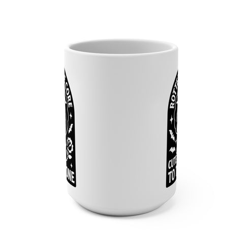 Gothic Rotten to the Core Skull Mug, 15oz ceramic, ideal for pastel goth enthusiasts; features skull, roses, bats. Perfect quirky coffee gift for unique, bold personalities.