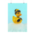 A chic rubber duck styled like Audrey Hepburn’s Holly Golightly, wearing a high bun, yellow bow, black gloves, and a sparkly choker. The duck floats in a pile of foam and is framed in white on a bubbly bathroom shelf with a red tile backdrop and soap dispenser.