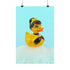 A chic rubber duck styled like Audrey Hepburn’s Holly Golightly, wearing a high bun, yellow bow, black gloves, and a sparkly choker. The duck floats in a pile of foam and is framed in white on a bubbly bathroom shelf with a red tile backdrop and soap dispenser.