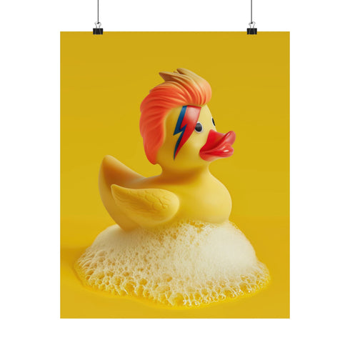 A retro-inspired print featuring a rubber duck styled after David Bowie’s Ziggy Stardust, complete with orange-red mullet and signature lightning bolt face paint. Surrounded by white bubbles, the piece is framed in soft purple and set on a wavy psychedelic wall in pink and orange.