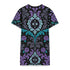 Cotton t-shirt dressA short-sleeve structured t-shirt dress with a black background. The dress features a bold, vertically stacked repeating graphic print. The design includes intricate damask patterns in teal and grey, purple roses with teal leaves, and a central evil eye motif set inside an ornate frame with small four-point stars. The heavyweight fabric holds a clean, straight cut above the knee with zero drape, maintaining a sculptural, slightly boxy silhouette.