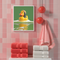 A fine art print of a rubber duck inspired by Marley, featuring black dreadlocks and a red-yellow-green beanie. The duck floats in bath bubbles with its reflection in green-tinted water. Displayed in a white and red frame on a soap-covered shelf in a bold red tile bathroom with a lightning-bolt soap dispenser.