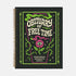 A black hardcover spiral planner shown flat on a plain background. The cover features a vibrant, coffin-shaped frame in lime green and magenta pink, bordered by thorny vines. Inside the frame, the title "Obituary of Free Time" is written in a psychedelic 70s-style font. Below the title, a pink flower with a single green eyeball at its center blooms from a thorny stem. The planner is bound with a gold metal wire-o spiral on the left side. The design has a spooky cute, gothic floral aesthetic.