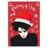 A festive greeting card featuring an illustration of Robert Smith from The Cure, wearing a Santa hat. The card has a red background with white snowflakes and the text "Pictures of Yule" at the top, playfully referencing the song "Pictures of You." The card merges gothic and holiday themes for a unique seasonal twist.