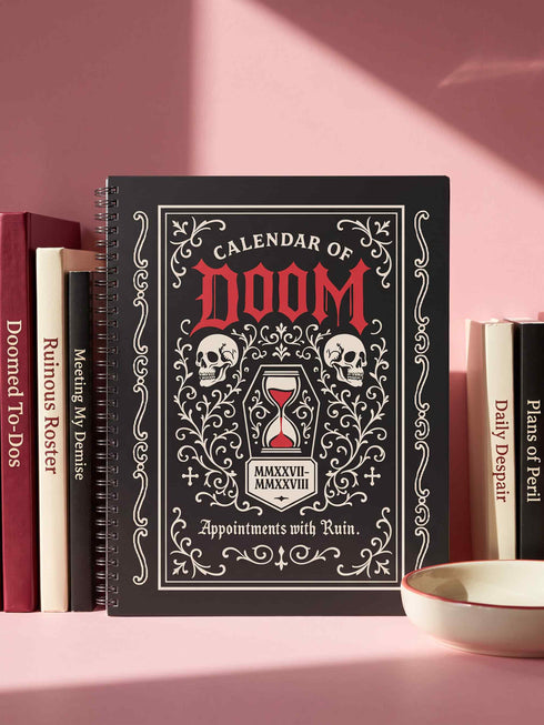 An 8.5 x 11 inch black hardcover spiral planner with a durable satin matte laminated finish. The front cover features a vintage-style white ornamental border, creating a gothic, macabre aesthetic. Inside the frame, the title "Calendar of Doom" is printed in an antique serif font. This undated weekly and monthly agenda is shown with a metal wire-o spiral binding on the right side. The design uses a black, white, and red color scheme, making it a unique piece of dark humor stationery