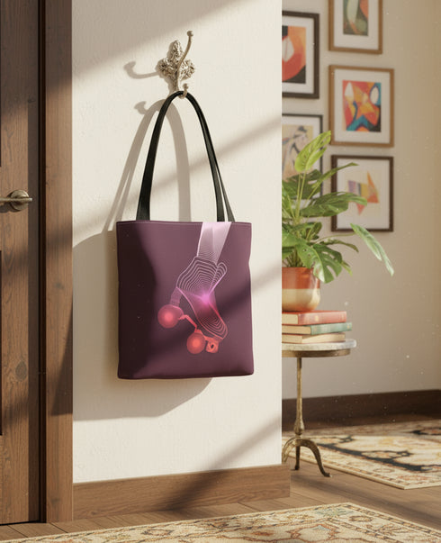 a purple tote bag hanging on a wall, with a potted plant and framed artwork in the background.