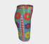 Form-fitting bodycon mini skirt with a mid-rise elastic waistband, falling to mid-thigh in smooth stretch fabric. It features a bold retro patchwork floral print: large mod daisies in red, purple, yellow, and green, set on a sky blue background with scattered green leaves. A central column frames single flowers on purple and pink tiles, edged by red and pink beaded borders. The all-over design is a flat dye-sublimated print, available in a smooth knit or glitter knit finish.