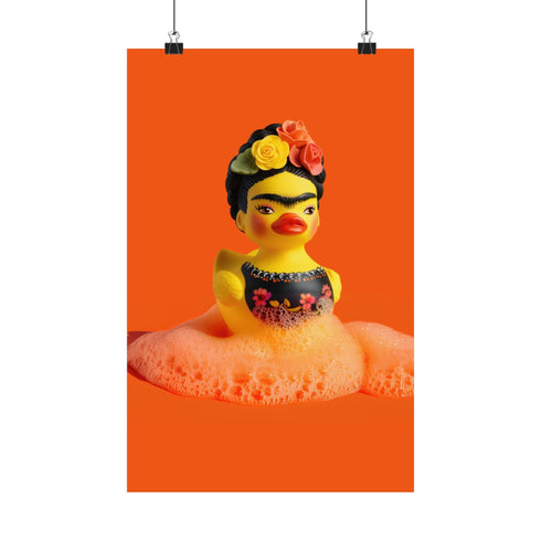 A vibrant fine art print of a rubber duck inspired by Frida Kahlo, complete with bold unibrow, floral crown, and traditional embroidered blouse. Framed in a red sculptural frame, the duck floats in orange-tinted bubbles against a deep orange backdrop and violet wall.