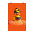 A vibrant fine art print of a rubber duck inspired by Frida Kahlo, complete with bold unibrow, floral crown, and traditional embroidered blouse. Framed in a red sculptural frame, the duck floats in orange-tinted bubbles against a deep orange backdrop and violet wall.