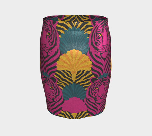 High-waisted mini skirt with bold psychedelic tiger print in hot pink, teal, yellow, and black. Features a form-fitting pencil silhouette with an elastic waistband. Available in eco-poly performance or glitter finish. Unique maximalist style for festivals, summer parties, or rave fashion. Sizes S–XL.