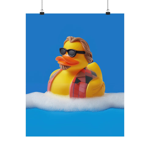 A quirky art print of a rubber duck styled after The Dude from The Big Lebowski, complete with a goatee, sunglasses, and plaid bathrobe. The duck lounges in bubbles, framed in a glossy red frame, with a manicured hand adjusting it against a monochromatic red backdrop.