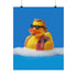 A quirky art print of a rubber duck styled after The Dude from The Big Lebowski, complete with a goatee, sunglasses, and plaid bathrobe. The duck lounges in bubbles, framed in a glossy red frame, with a manicured hand adjusting it against a monochromatic red backdrop.